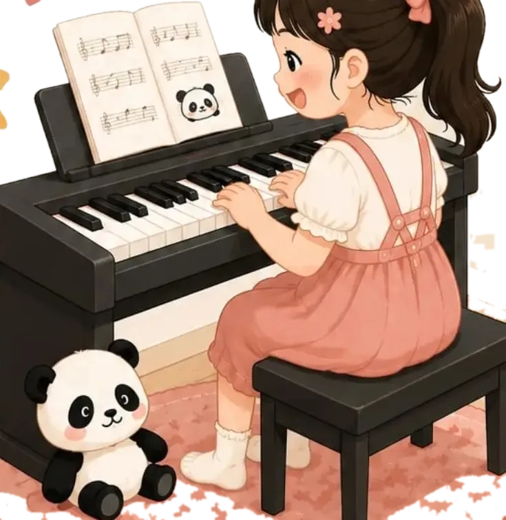 Anak perempuan bermain piano, boneka panda di dekat kakinya