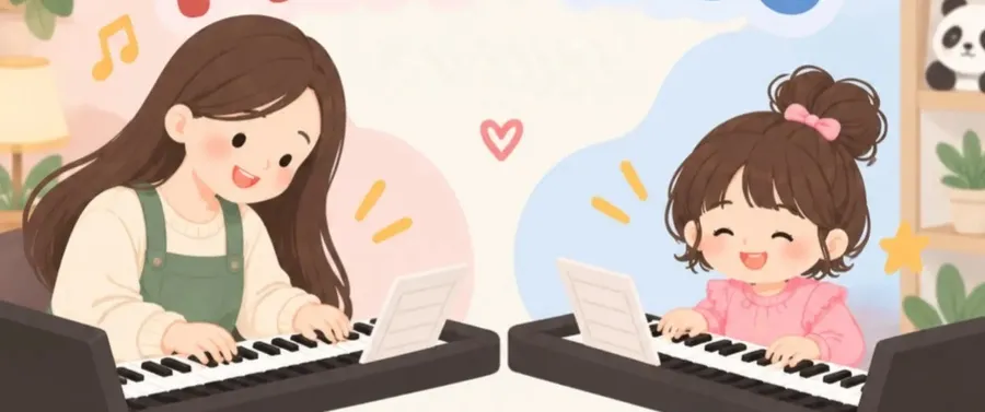 Mama dan si kecil bermain keyboard bersama