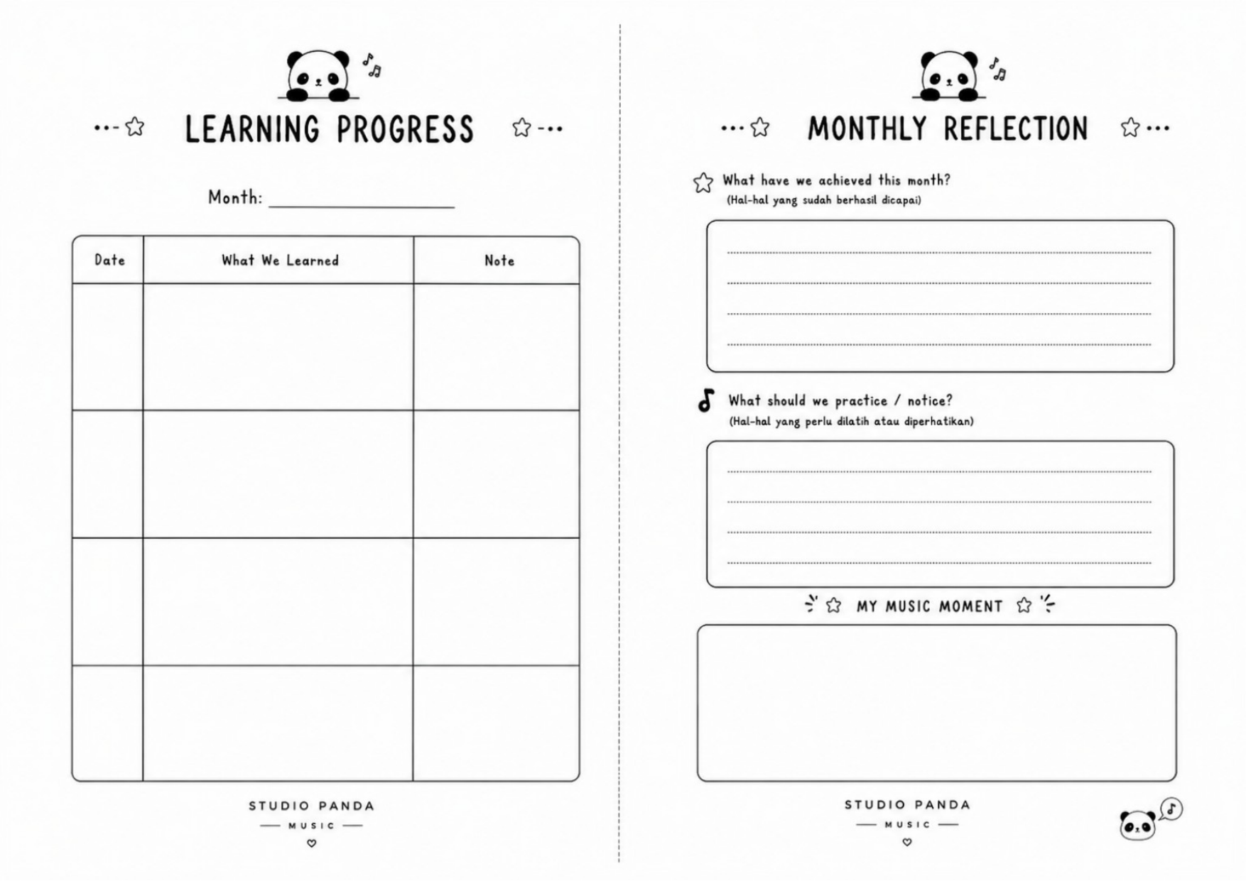 Halaman buku Learning Progress: tabel catatan pertemuan dan refleksi bulanan