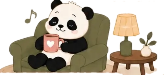 Panda santai di kursi sambil minum