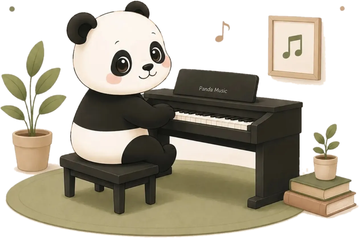 Panda bermain piano di samping tanaman