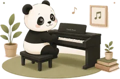 Panda bermain piano di samping tanaman