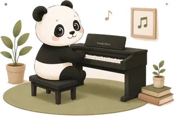 Panda bermain piano di samping tanaman
