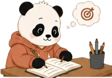 Panda menulis di buku, fokus