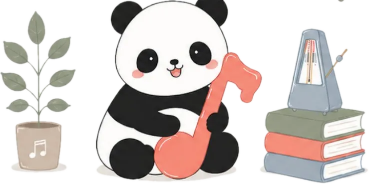 Panda memeluk not balok, sampul buku Learning Progress