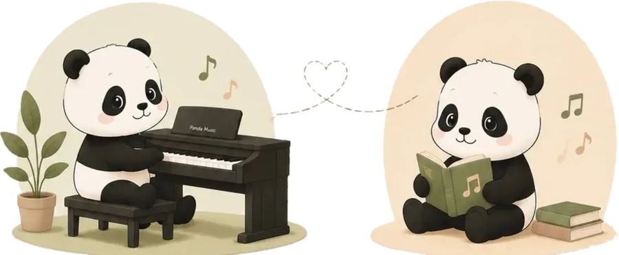 Dua panda: satu bermain piano, satu membaca buku lagu. Beda irama, perjalanan yang sama