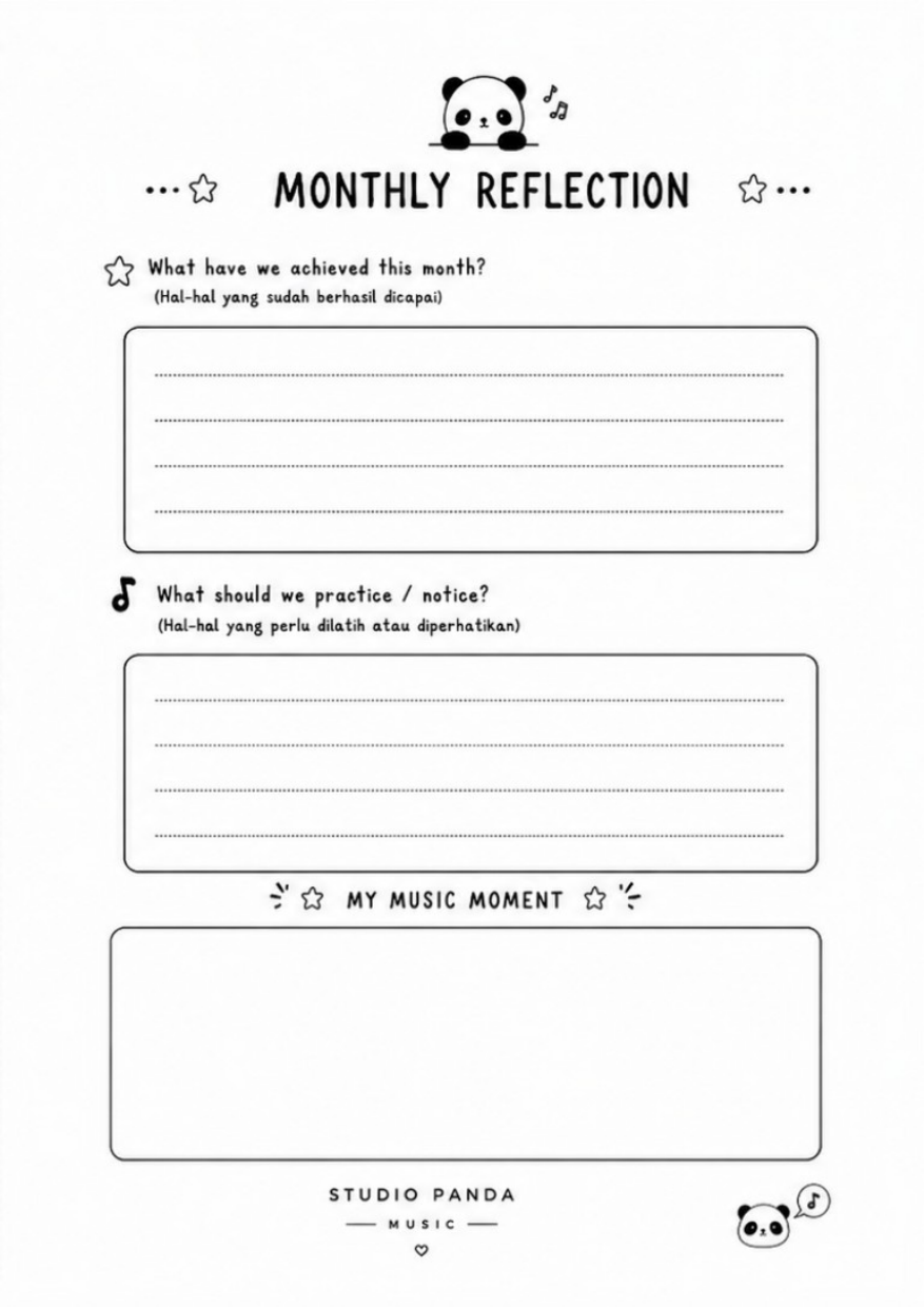 Halaman Monthly Reflection: yang sudah dicapai, yang perlu dilatih, My Music Moment