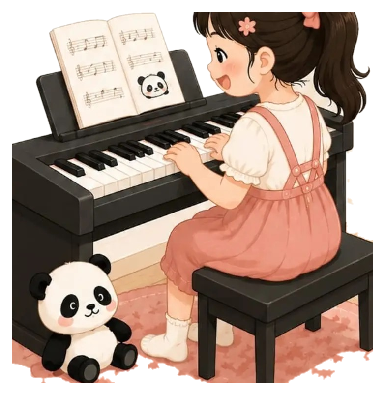 Anak perempuan bermain piano, boneka panda di dekat kakinya