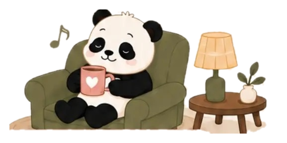 Panda santai di kursi sambil minum