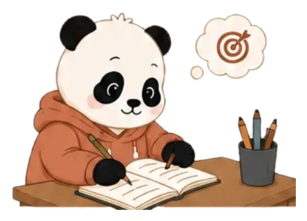Panda menulis di buku, fokus