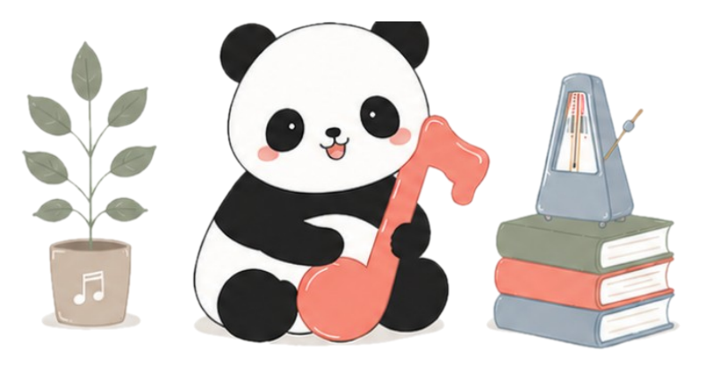 Panda memeluk not balok, sampul buku Learning Progress
