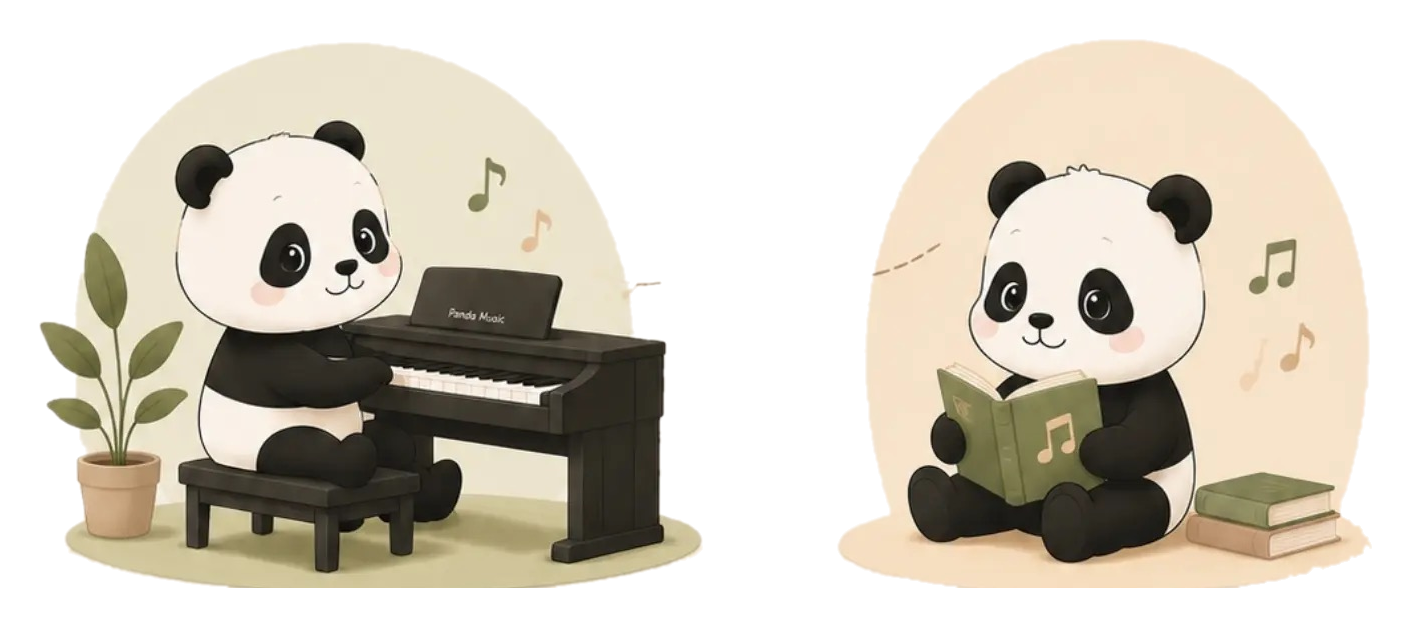 Dua panda: satu bermain piano, satu membaca buku lagu. Beda irama, perjalanan yang sama